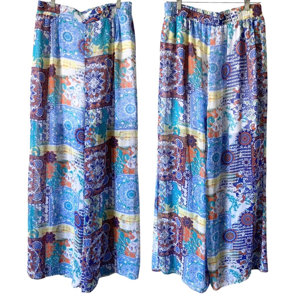 CATO Blue Multicolor Bohemian Wide Leg Flowy Pants Size Large Shorts Lined